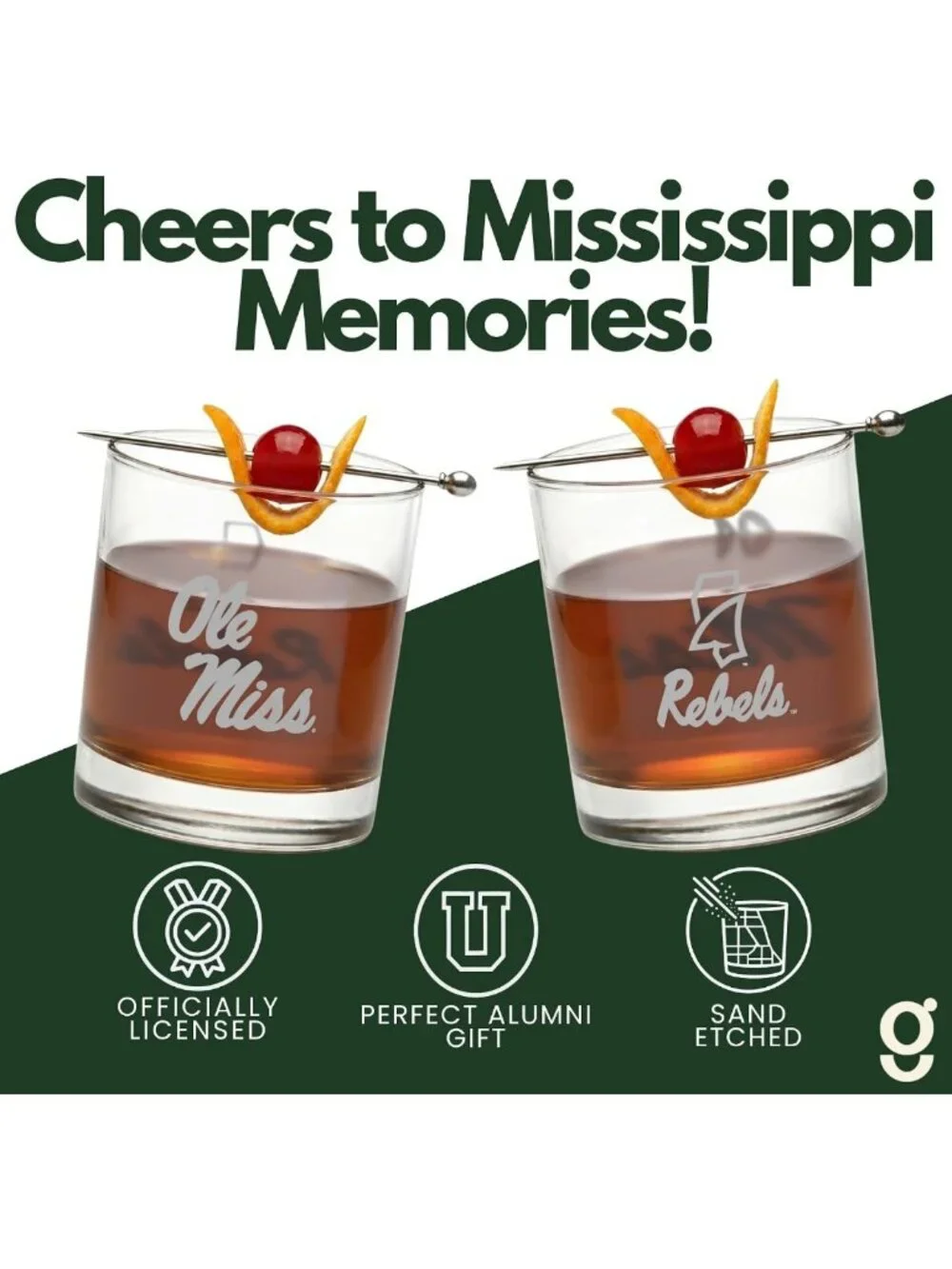 Set of 2 Sand-Etched Whiskey Glasses, 10 oz - Ole Miss Rebels Gift for Fans
